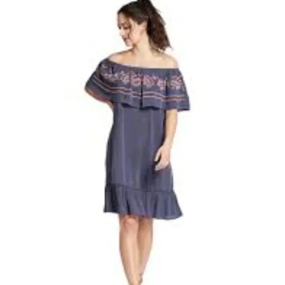 Knox Rose Navy Blue Floral Embroidered Off The Shoulder Ruffle Boho Dress Small